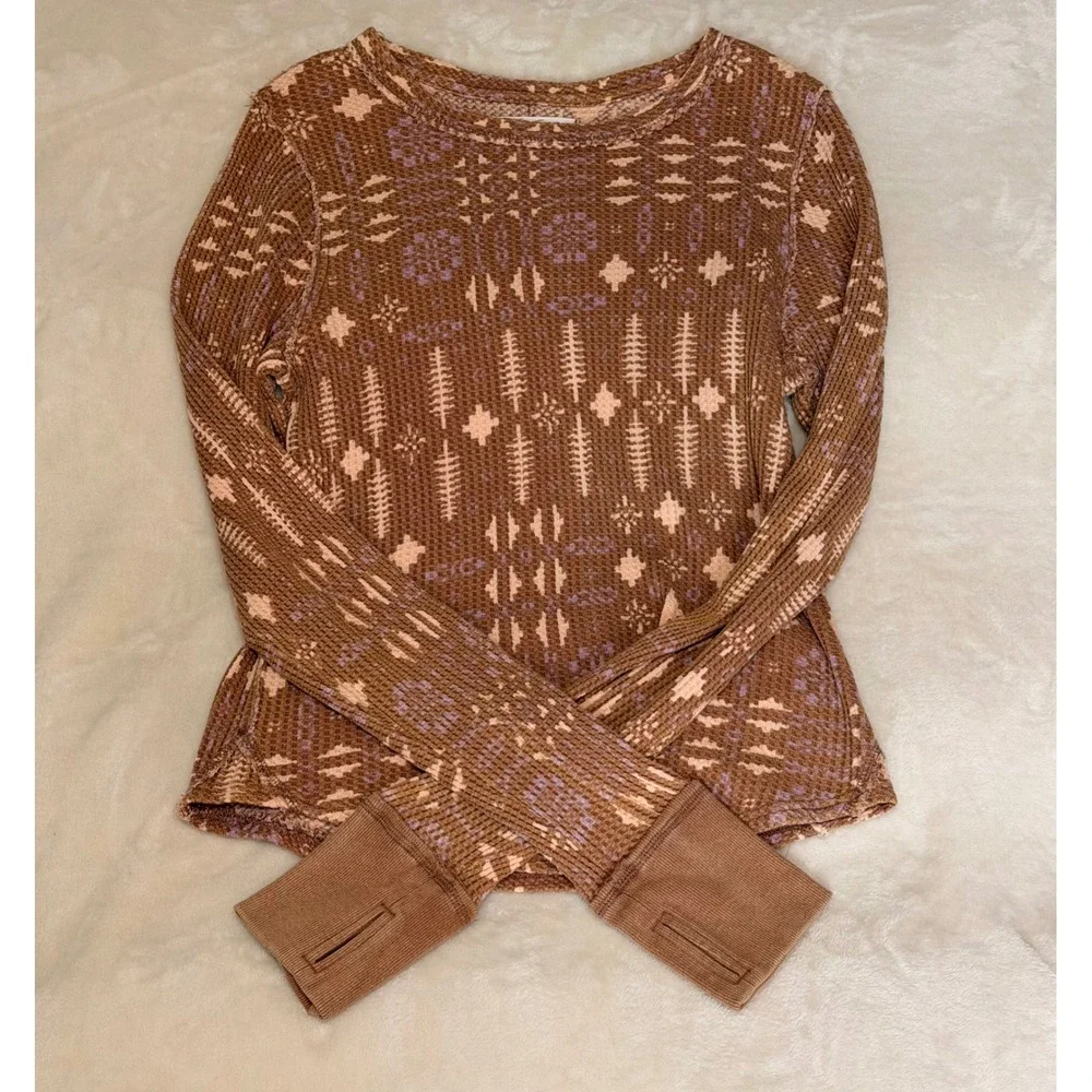 NWT Free People We The Free Pretty Little Thermal Top Latte Brown Print XL Boho